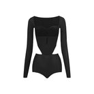 Black velvet bust long sleeve Latin dance leotard, flat lay