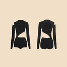 Black mock neck cutout Latin dance leotard, flat lay front and back