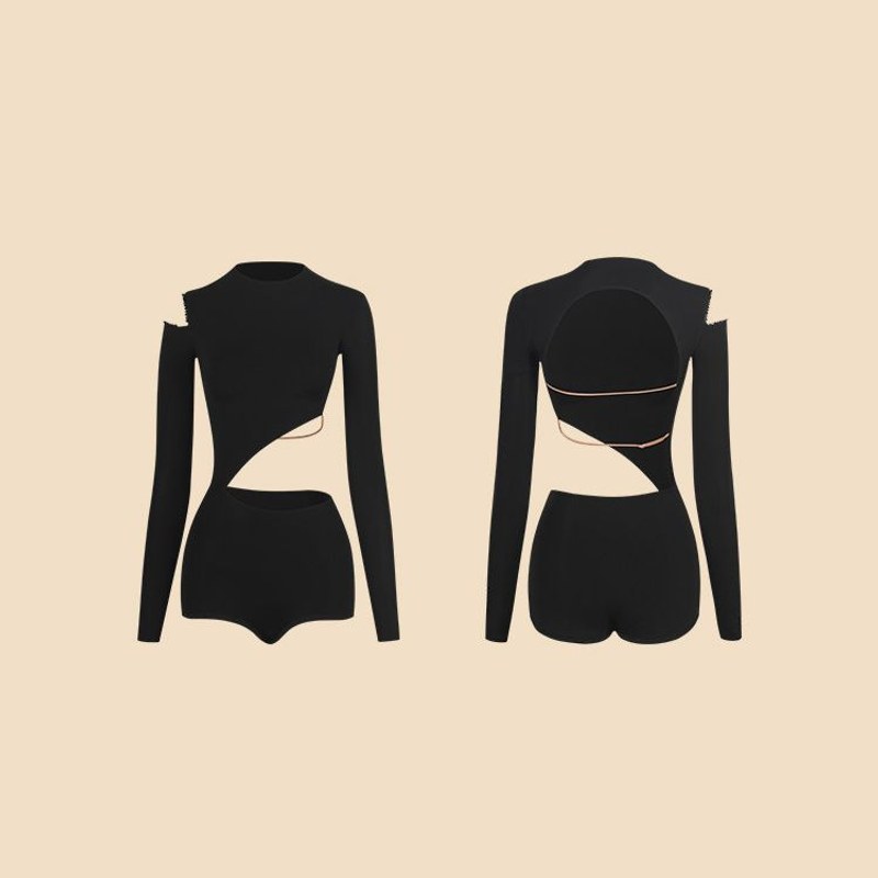 Black mock neck cutout Latin dance leotard, flat lay front and back