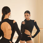 Black mock neck cutout leotard, back and front view