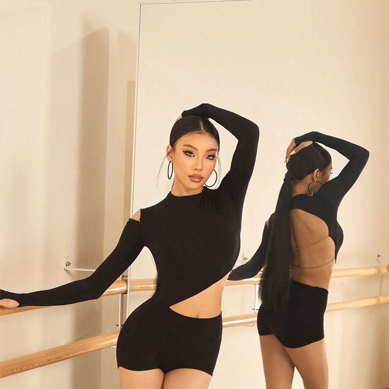 Black mock neck cutout leotard, front view