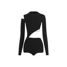 Black mock neck cutout Latin dance leotard, flat lay