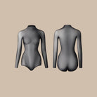 Black sheer mesh long sleeve dance bodysuit, flat lay front and back