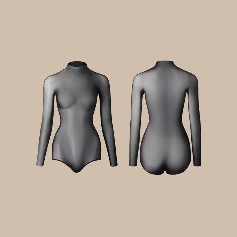 Black sheer mesh long sleeve dance bodysuit, flat lay front and back