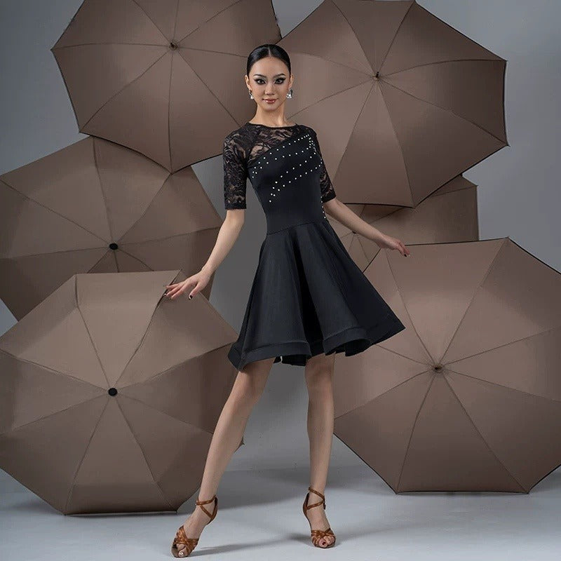 Black rhinestone latin salsa dance dress with floral lace half sleeves, side pose