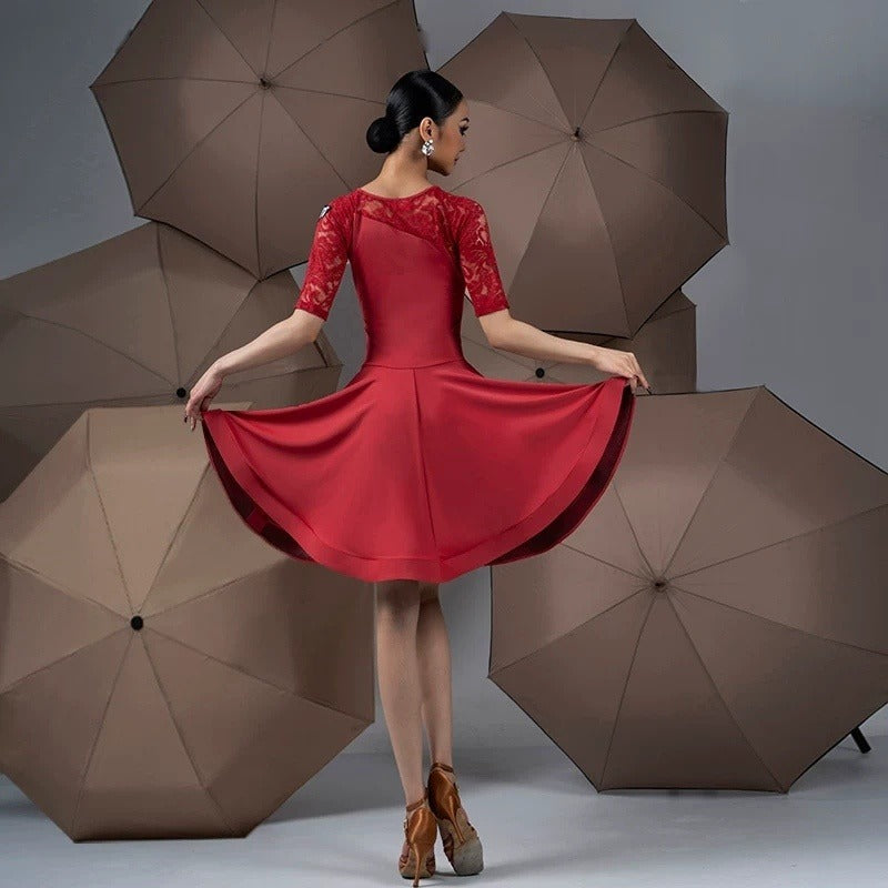 Wine red latin salsa dance dress, back view with the circle skirt spread wide