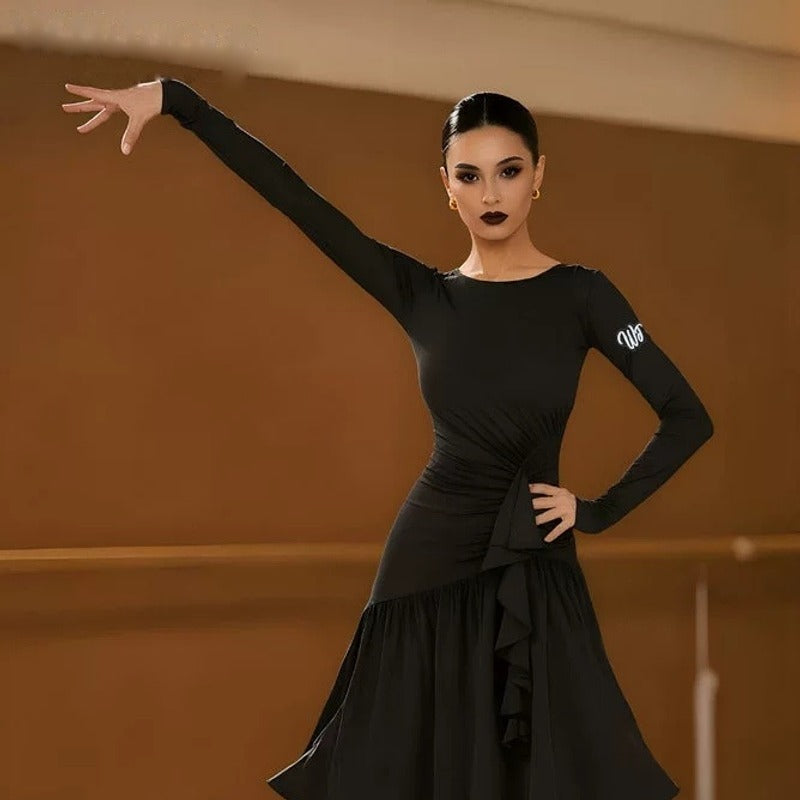 Black ruffle sash latin salsa dance dress worn with both arms extended