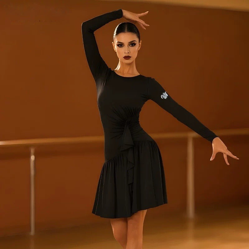 Black long sleeve latin salsa practice dress with an asymmetric flared hem