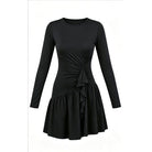 Black ruffle sash dance dress laid flat, front view of the draped waist