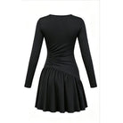 Black long sleeve dance dress laid flat, back view of the ruched waist