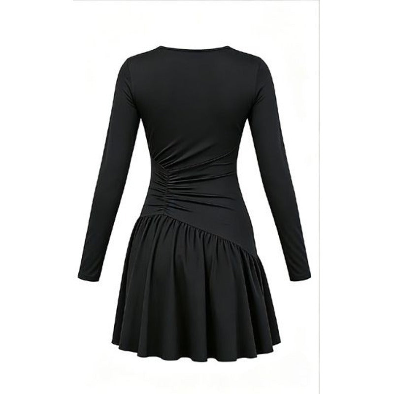 Black long sleeve dance dress laid flat, back view of the ruched waist