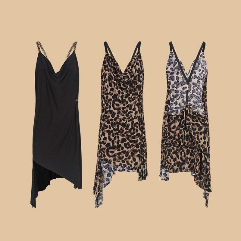 Black and grey leopard strappy back dance dresses, product view