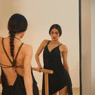 Black Latin dance dress, back and front in the mirror