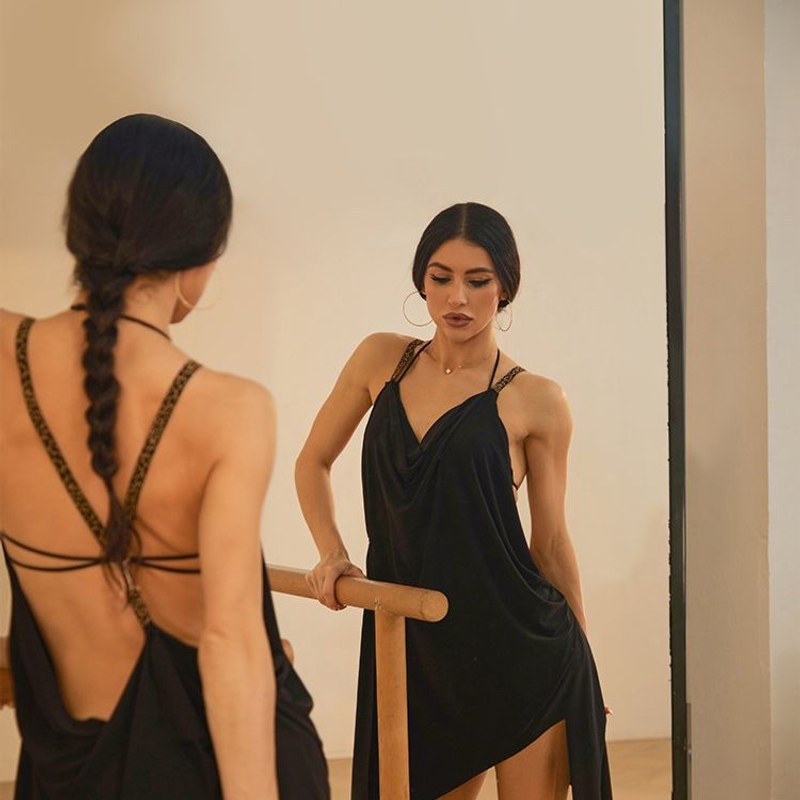 Black Latin dance dress, back and front in the mirror