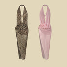 Leopard and pink draped mesh dance dresses, product view
