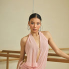 Pink cowl neck mesh dance dress, front view