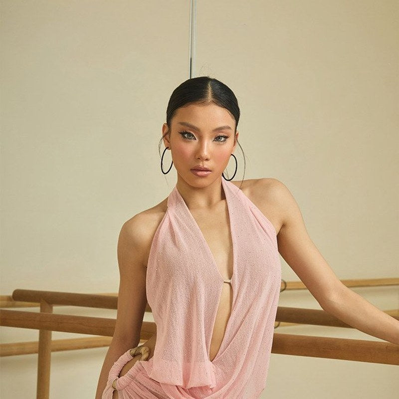 Pink cowl neck mesh dance dress, front view