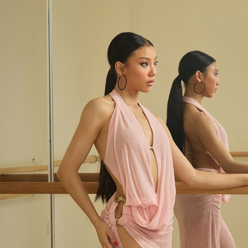 Pink halter maxi Latin dance dress, side view
