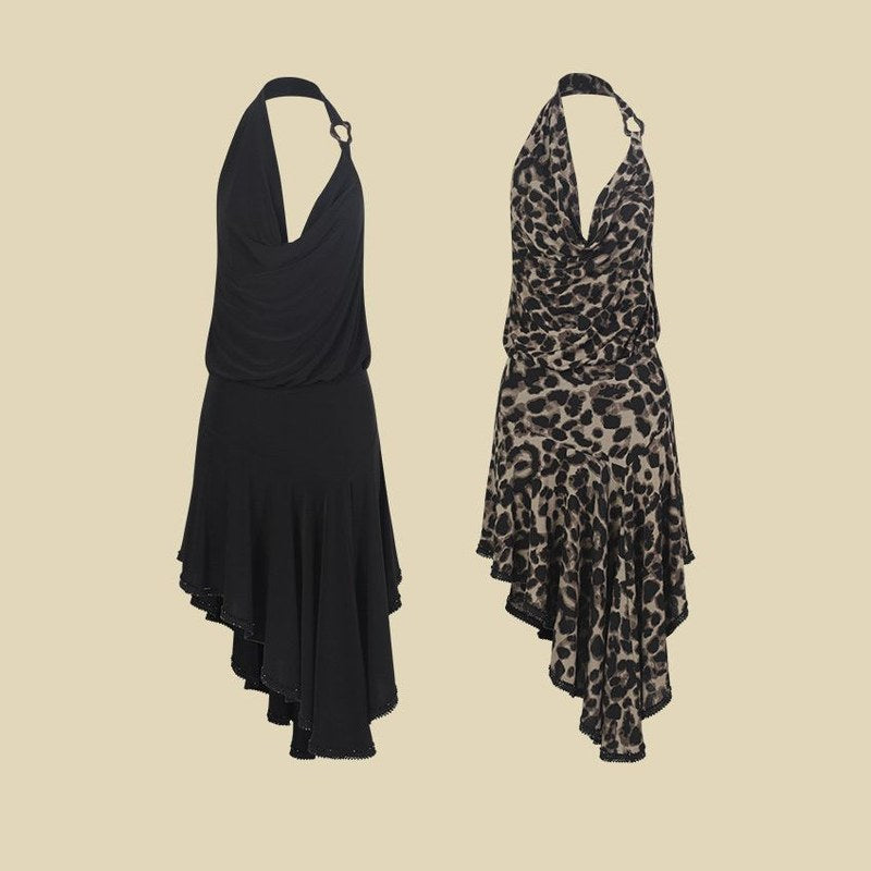 Black and leopard halter dance dresses, product view