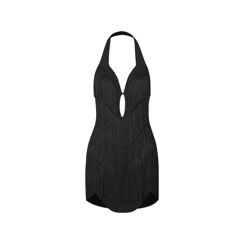 Black halter fringe Latin salsa dance dress, product view