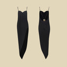 Black long dance dress, front and back product view
