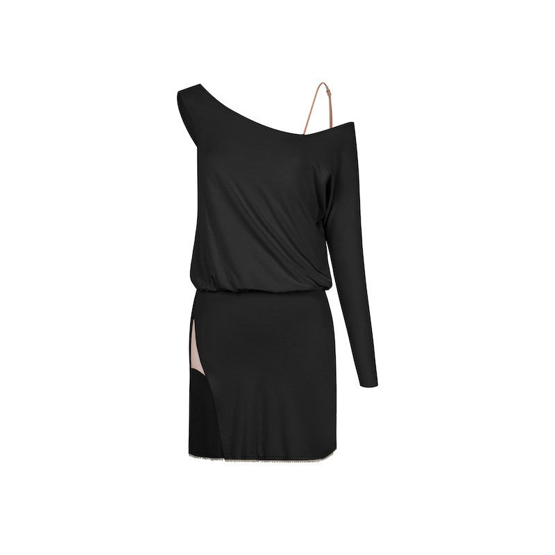 Black one shoulder Latin salsa dance dress, product view