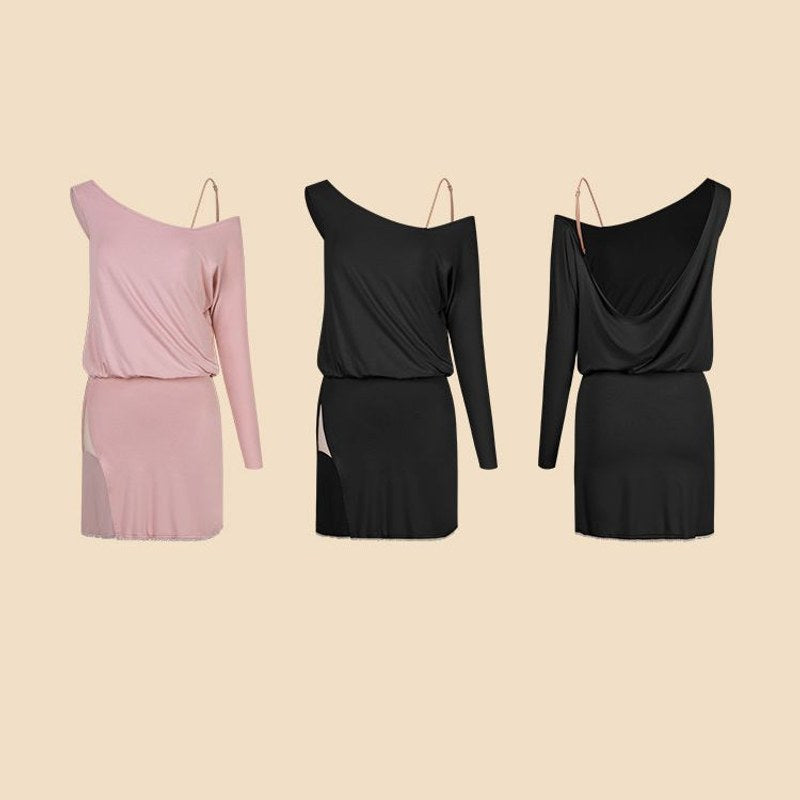 Pink and black one shoulder dance dresses, product view