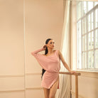 Pink single sleeve salsa dance dress, front view
