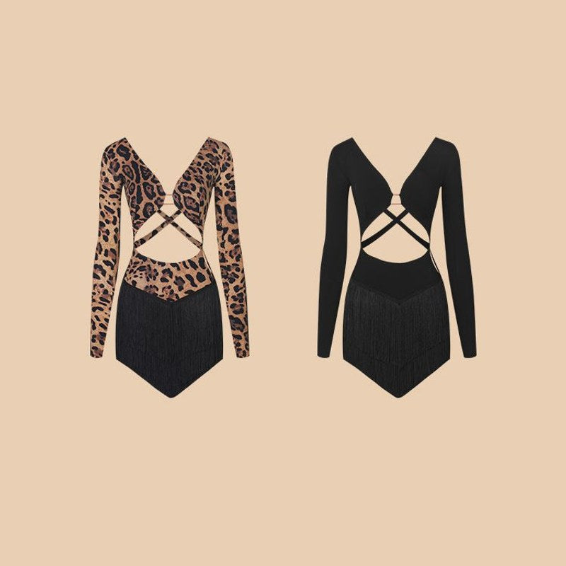 Leopard and black cutout fringe dance dresses, product view