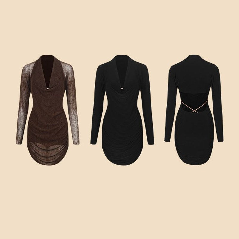 Brown and black long sleeve dance dresses, product view