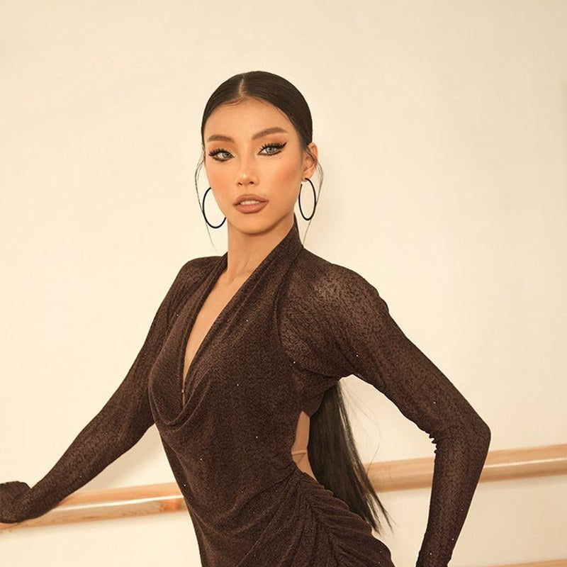 Brown ruched long sleeve dance dress, front view