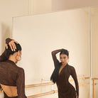 Brown mesh dance dress back cutout, view in the mirror