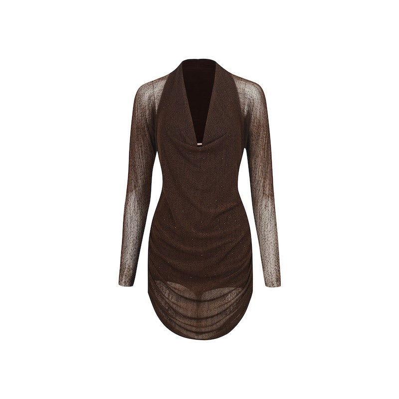 Brown mesh long sleeve Latin salsa dance dress, product view