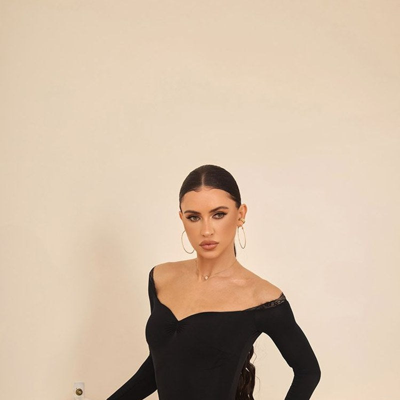 Black lace trim off shoulder dance dress, front view