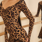 Leopard off shoulder long sleeve dance dress, close up