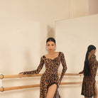 Leopard Latin dance dress with high slit, pose at the barre