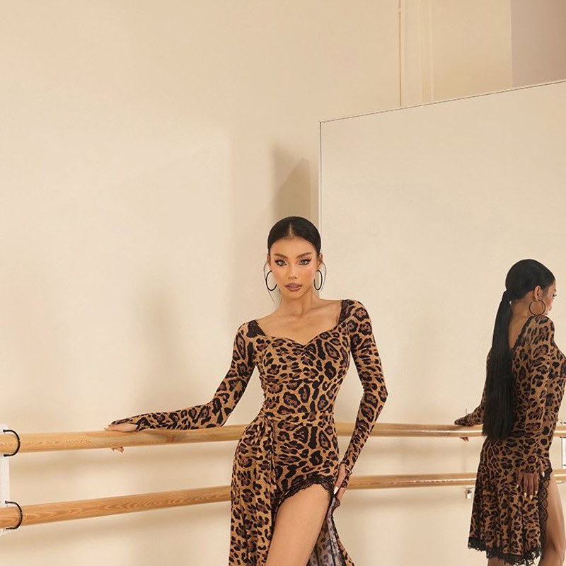 Leopard Latin dance dress with high slit, pose at the barre