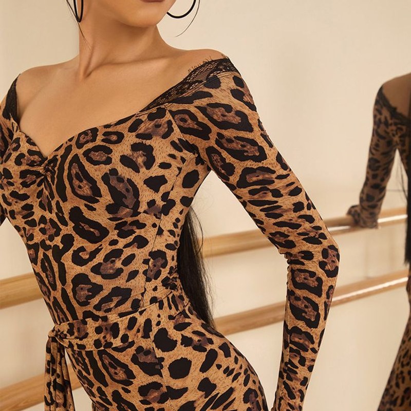 Leopard long sleeve salsa dance dress, front view