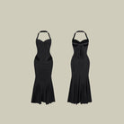 Black halter midi dance dress, front and back product view
