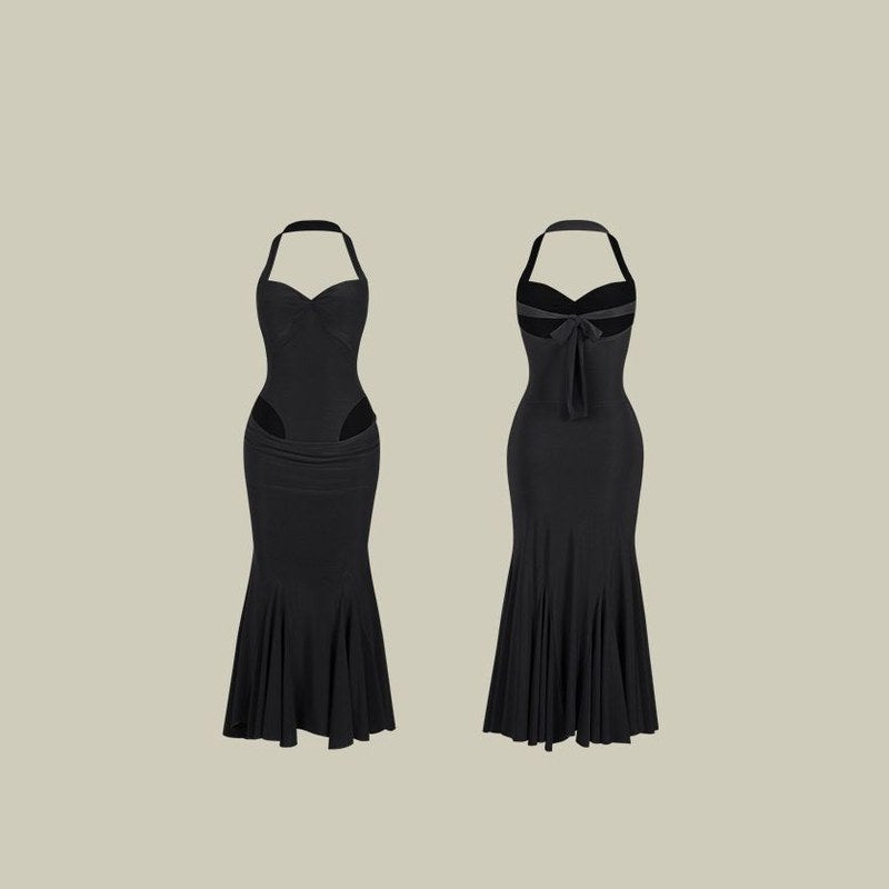 Black halter midi dance dress, front and back product view