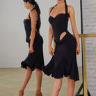 Black halter salsa dance dress, pose in the mirror