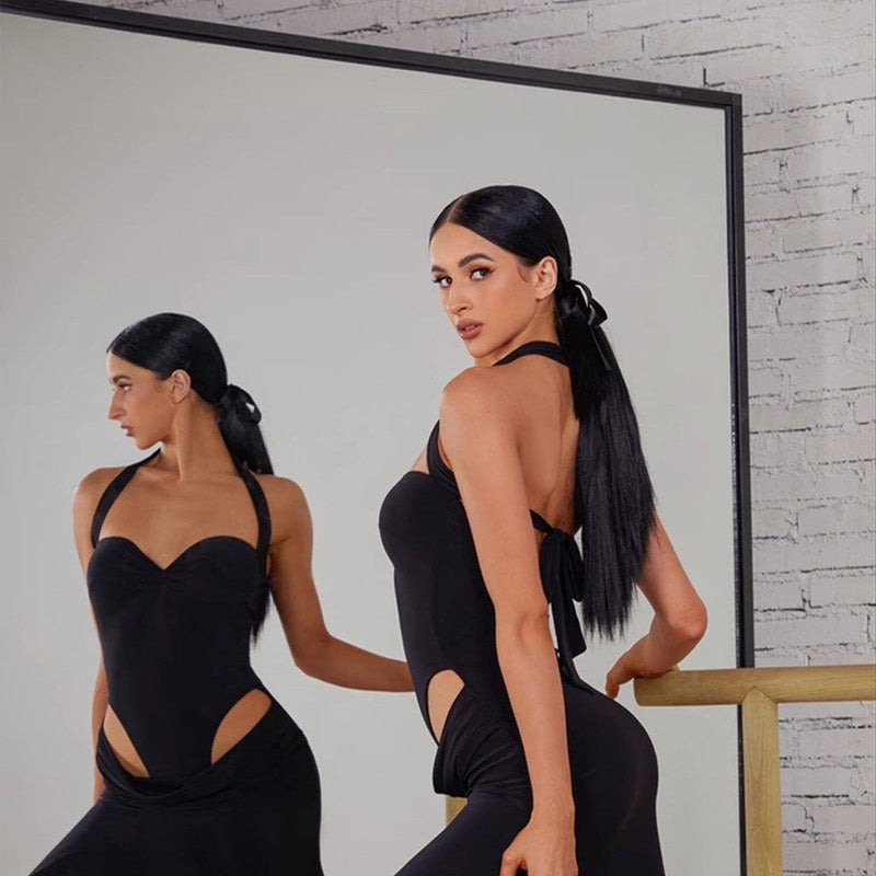 Black cutout waist midi dance dress, pose at the barre