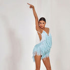 Light blue fringe Latin salsa dance dress, arms raised