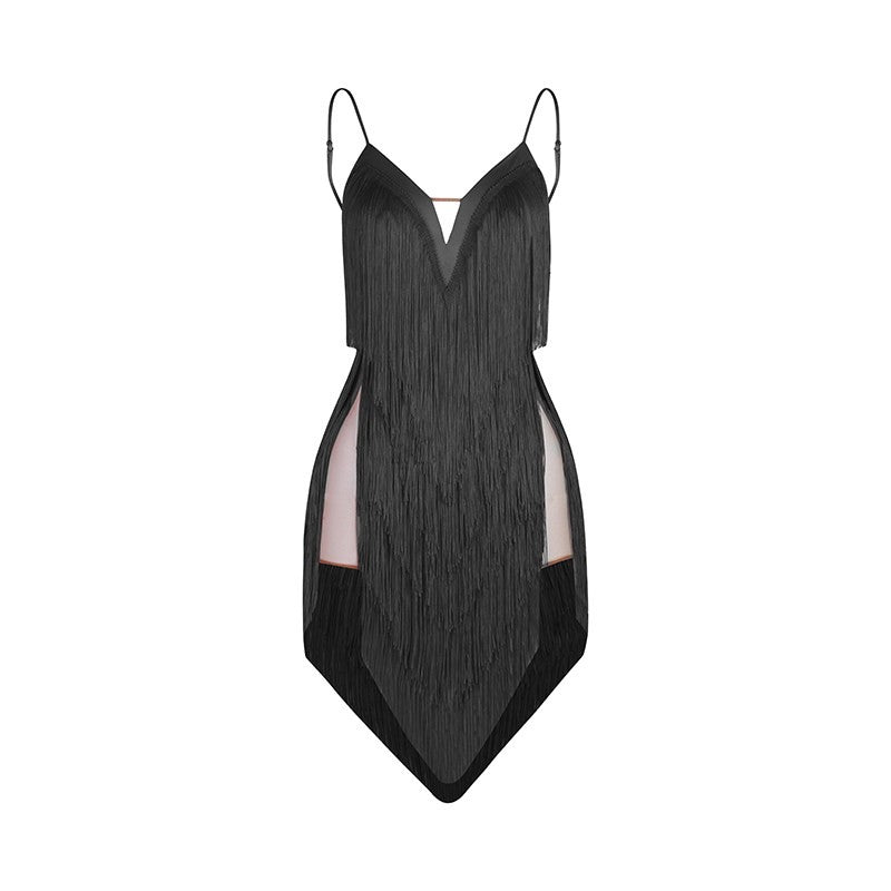 Black fringe Latin salsa dance dress, product view