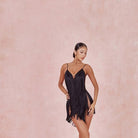 Black deep V fringe salsa dance dress, front view