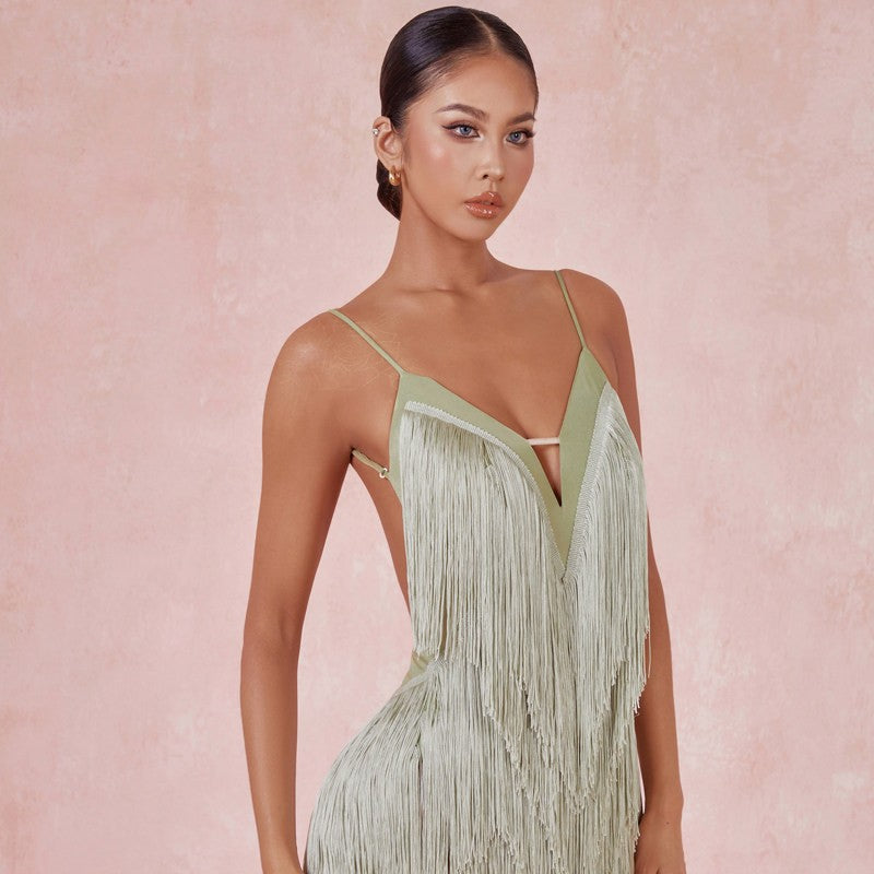 Sage green fringe dance dress, front close up