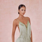 Sage green spaghetti strap fringe dance dress, front view