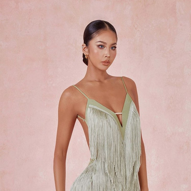 Sage green spaghetti strap fringe dance dress, front view