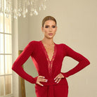 Red lace trim V neck dance dress, close up