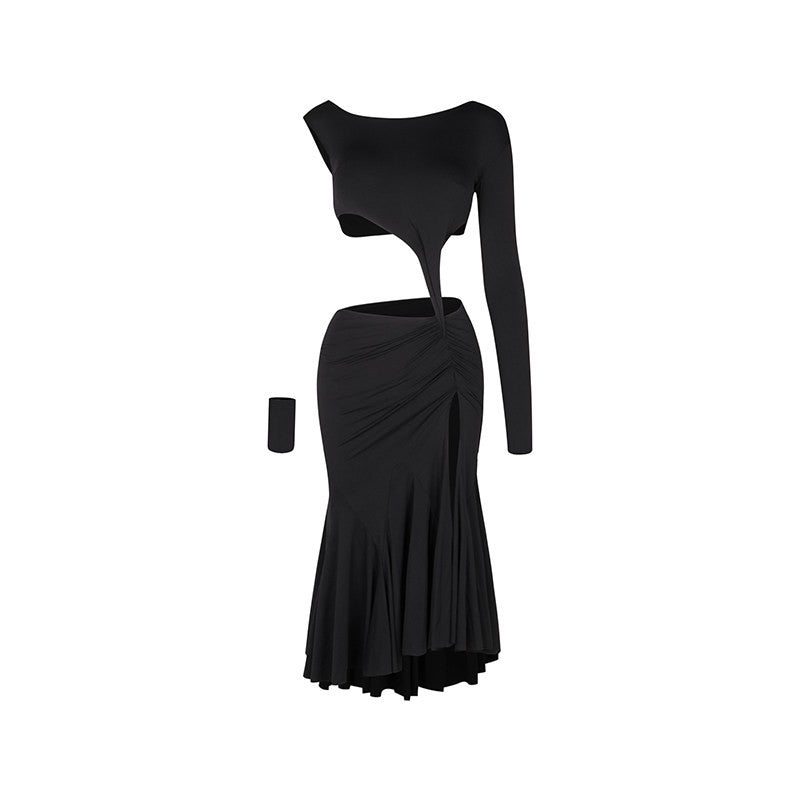 Black asymmetric Latin salsa dance set, product view